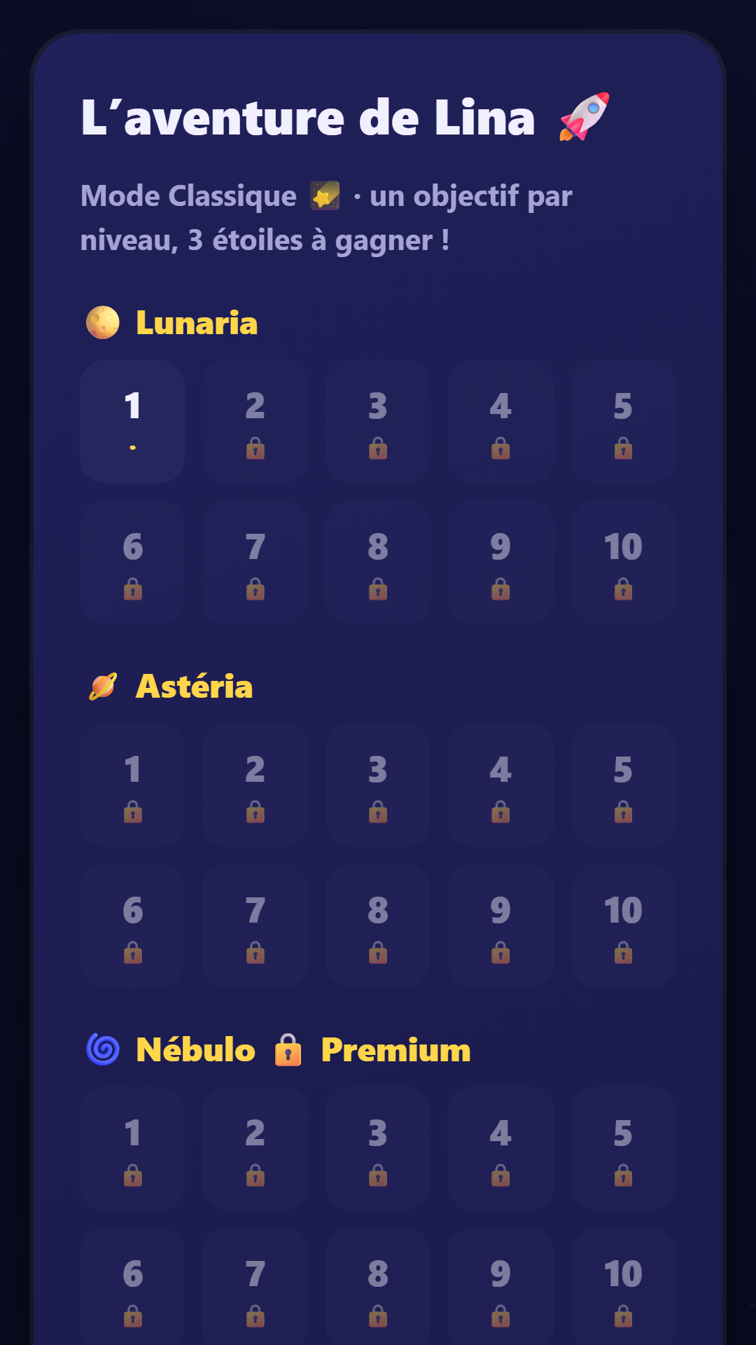 La carte des six planètes à explorer dans KosmoBlocks, avec leurs niveaux.
