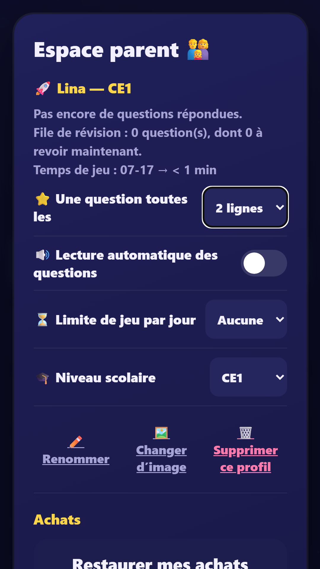 L’espace parent de KosmoBlocks, avec les statistiques de progression par matière.
