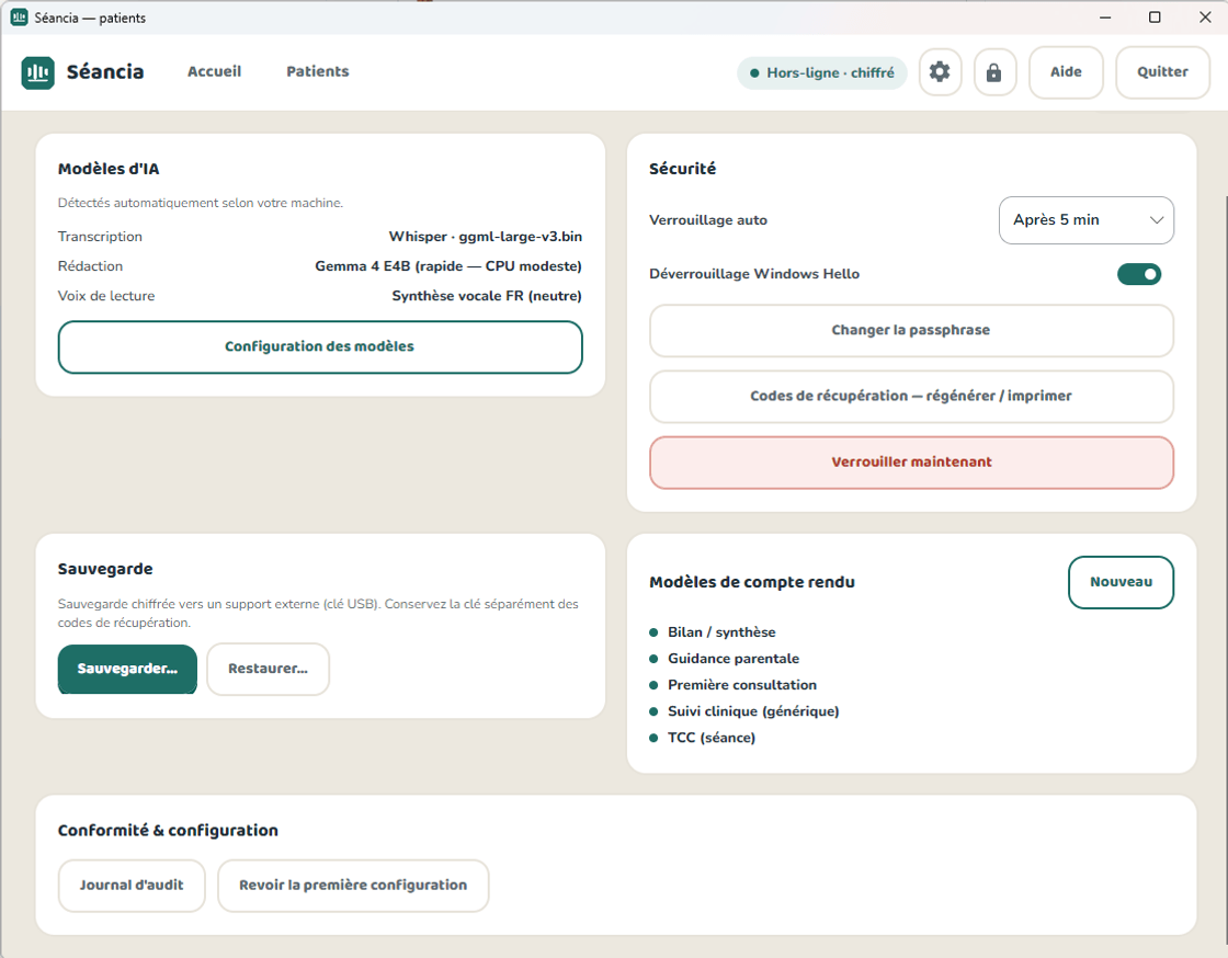 Paramètres de Séancia : modèles d’IA locaux, sécurité (verrouillage, passphrase, codes de récupération) et modèles de compte rendu.