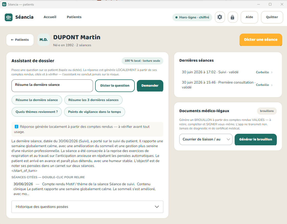 Fiche patient de Séancia : assistant de dossier en lecture seule, dernières séances validées et génération de documents médico-légaux en brouillon.